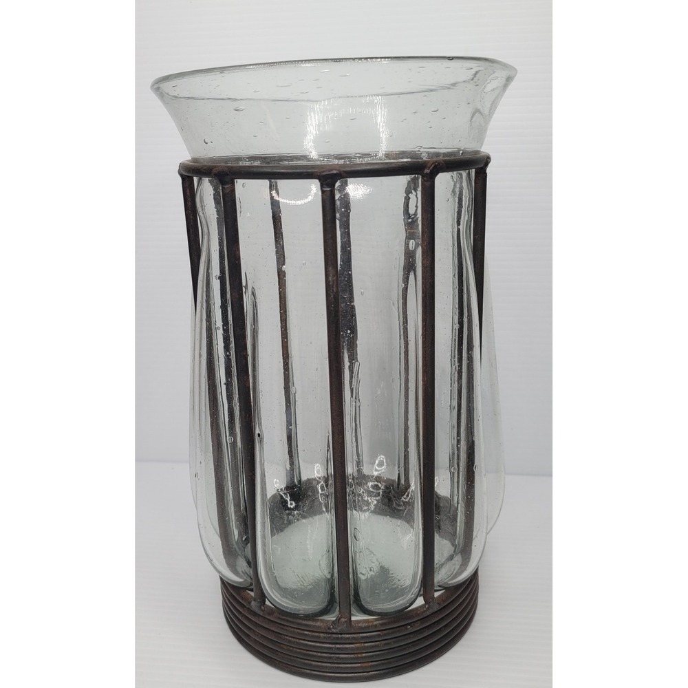 Crate & Barrel Petra Blown Glass Vase Caged Iron Bubble 12" Large Rare Vintage